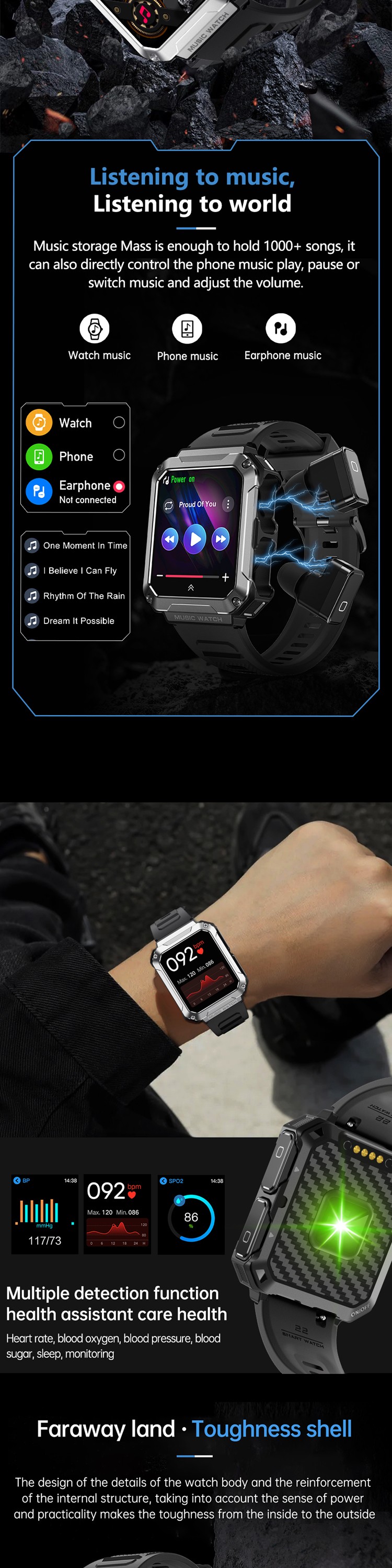 T93 local music 4gb storage smart watch with earphone Heart rate BT Music Player bt call smart watch for men
