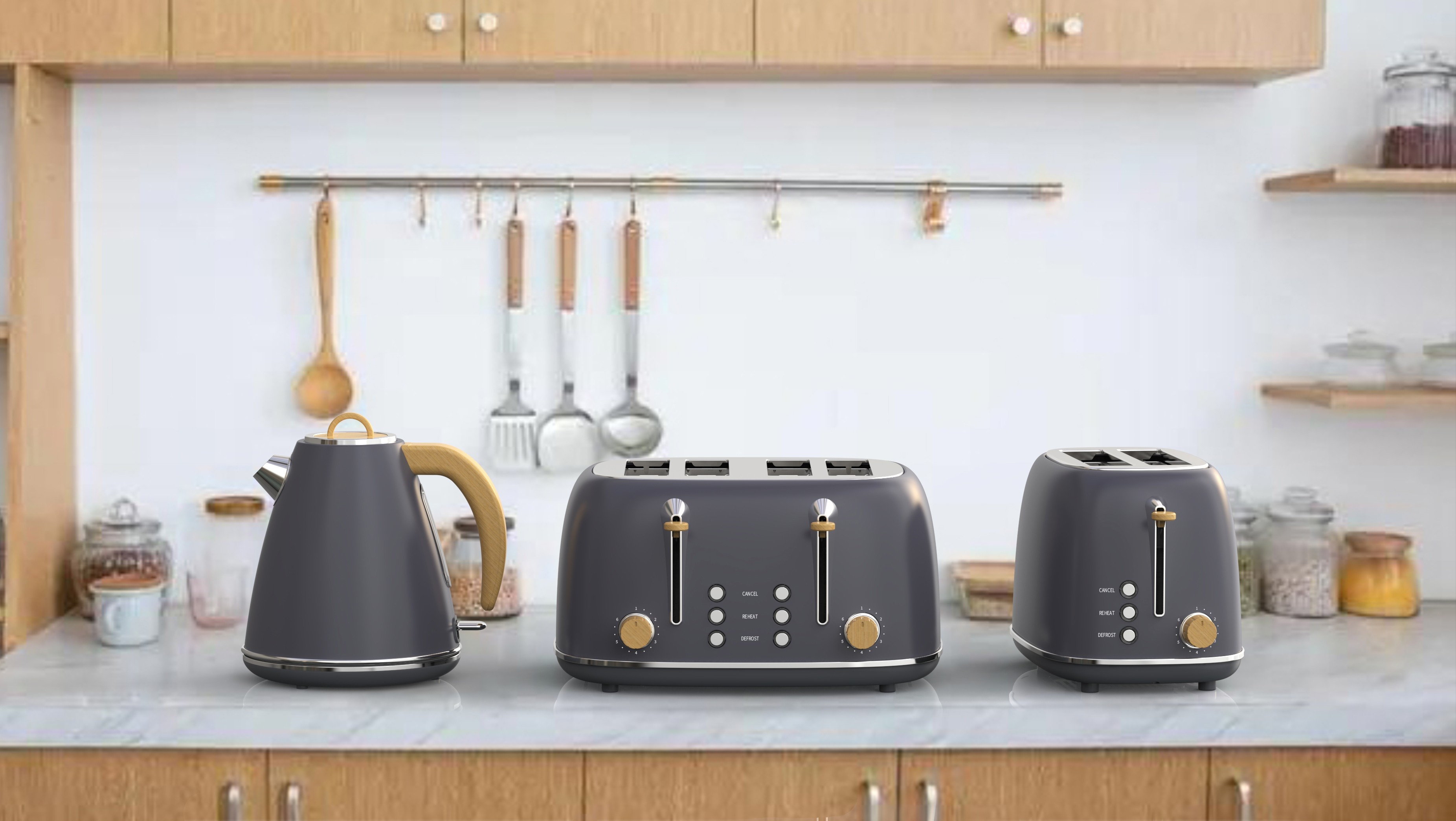 Nordic Style Retro Toaster and Water Kettle Kitchen Appliance Sets Wooden Electric Kettle and Toaster Set