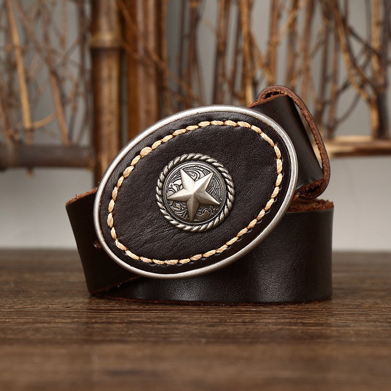 Durable Thicken 5.5mm Casual Vintage Full Grain Leather Cowboy Western Waist Belt with Plate Buckle