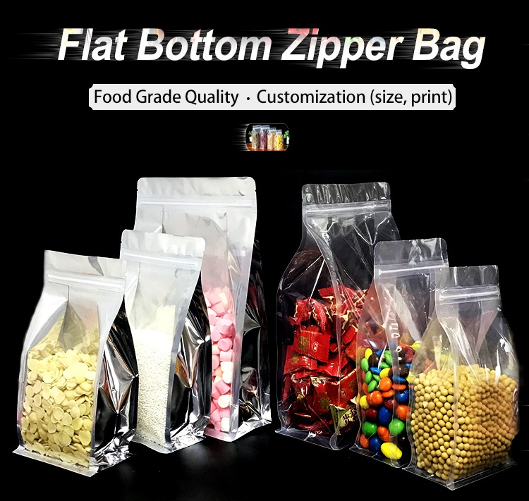 New Product Clear Flat Bottom Pouch, Transparent Plastic Flat Bottom Bags with Zip&