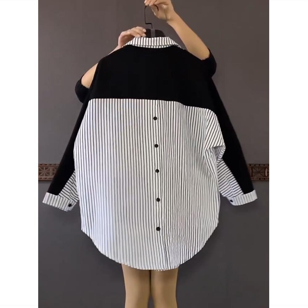 Wholesale 2023 Spring Oversized Loose Slim Medium Length Contrast Striped Shirt Simple Daily Top Westernized Shirt