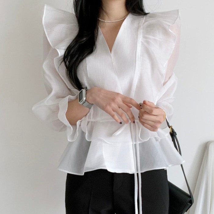 Wholesale Spring and Summer New 2022 V-neck Tie Ruffled Flared Sleeve Top Solid Color Fashion Sweet Sunscreen Women's Blouses