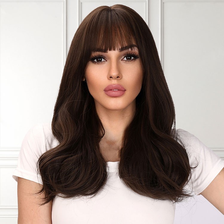20 inch black brown synthetic wig bob wig with bang long brown wigs for women