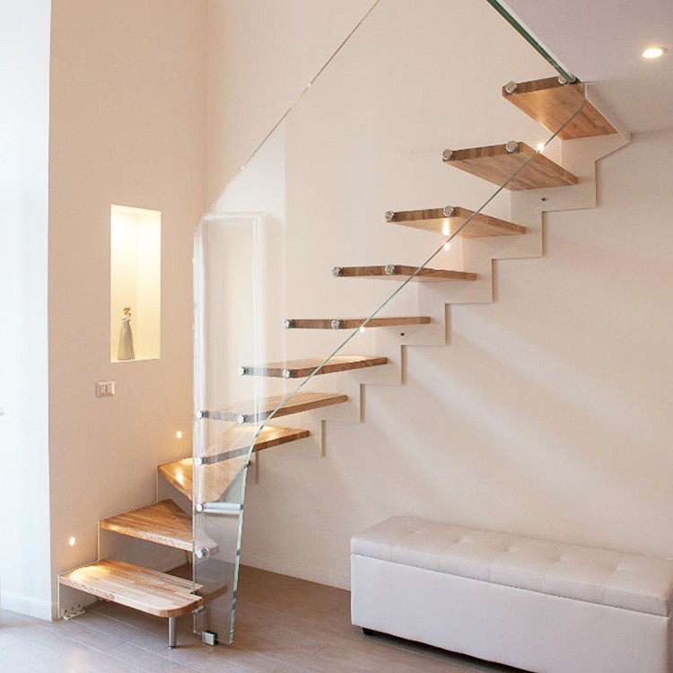 Modern design Interior straight wooden floating stair tread steps and tempered glass panel railing handrail staircase system