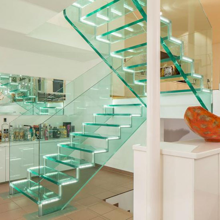 12mm tempered glass stair handrail balustrade railing and custom crystal glass with led light stairs steps treads for staircase