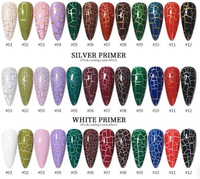 Fashion thick coating crack effect cracker crackle gel nail art polish with white base sliver and golden primer effect