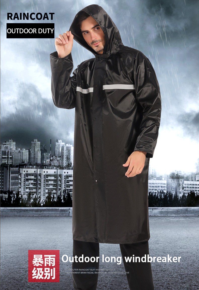 Long PVC oxford cloth outdoor duty raincoat, thick hooded men's and women's raincoats, reflective raincoats