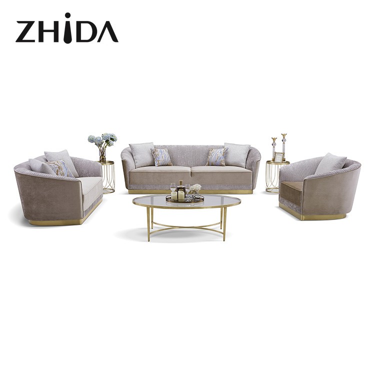 Zhida wholesale nordic design home living room furniture light luxury sectionals sofas couch set with golden metal base