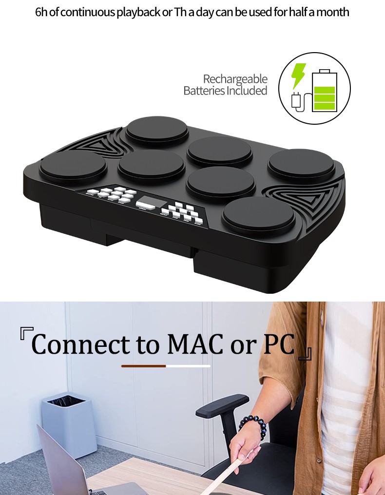 Rechargeable Digital Bluetooth Midi 7 Pad Portable Tabletop Electric Drums Kit Velocity-sensitive Drum Kit