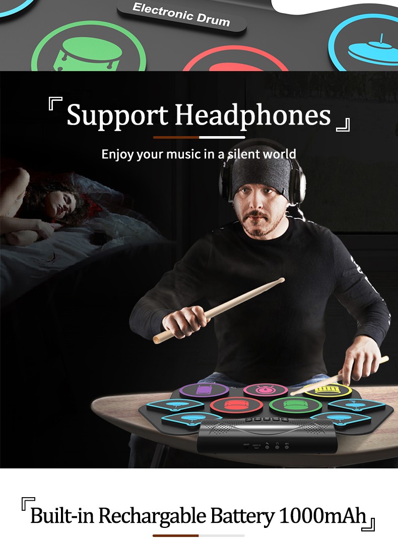 Midi Tom Snare Pad Hand Force Sensitive Electric Drum Kit Tabletop Percussion Electronic Drum Set
