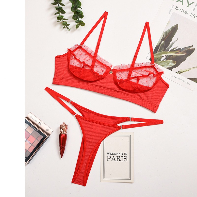 Wholesales Pink Wireless Transparent Embroidery Floral G String Lace Bra Brief Sets