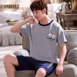 New Man Summer Short Two Piece Pajama Set Casual Cotton Home Clothes Pyjama Short Sleeve Sleepwear For Men