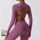 Custom Logo Activewear Gym Fitness Sets 3 Piece seamless long sleeve Top Sports Bra Scrunch Butt Leggings Workout Set for Women