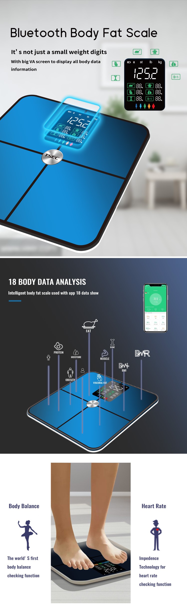 2023 New Big VA Colorful Screen Electronic Digital Weight Scale Body Fat Smart Household Weighing Balance Connect Weight Scale