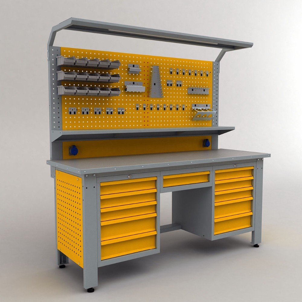 Workbench with drawers and perforated panel