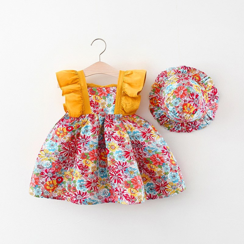 Hot sale Floral Flying Sleeve Dress Girls floral Princess Dress with Soft Hat baby girls dress girls clothes