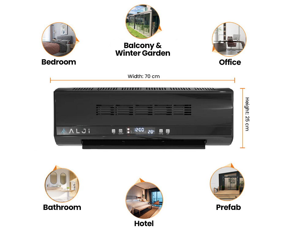 ALJI 2200W Super Quiet PTC Ceramic Wall Mounted Timer Temperature Control Black Energy Saving Fan Heater and Air Circulation