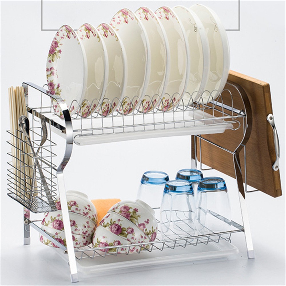 Standing Type Silver Dish Rack Kitchen Organizer 2 Tier Stainless Steel Dish Drainer Rack
