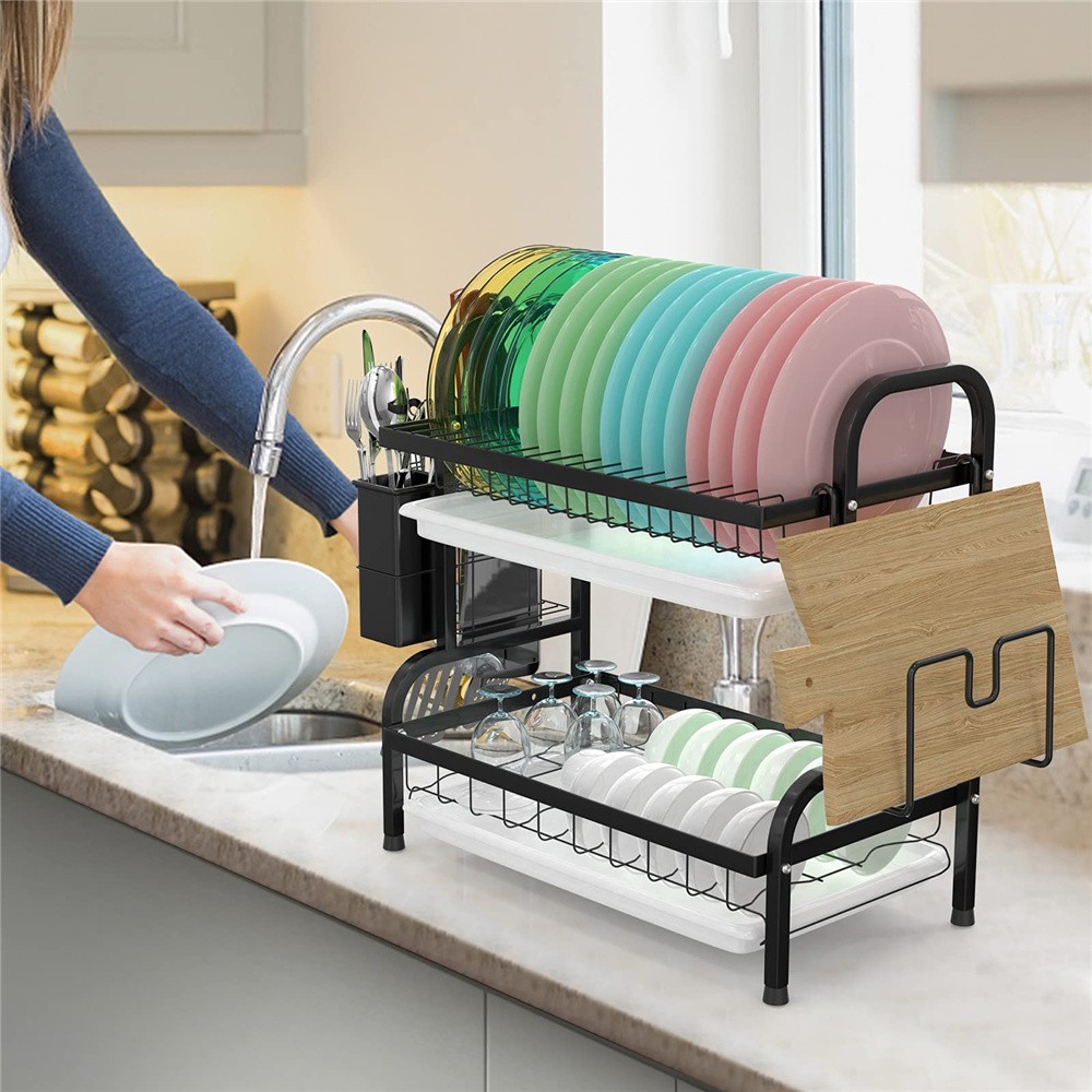Kitchen Storage Standing Type Stainless Steel Two Tier Plate Dish Drying Rack with Drainboard