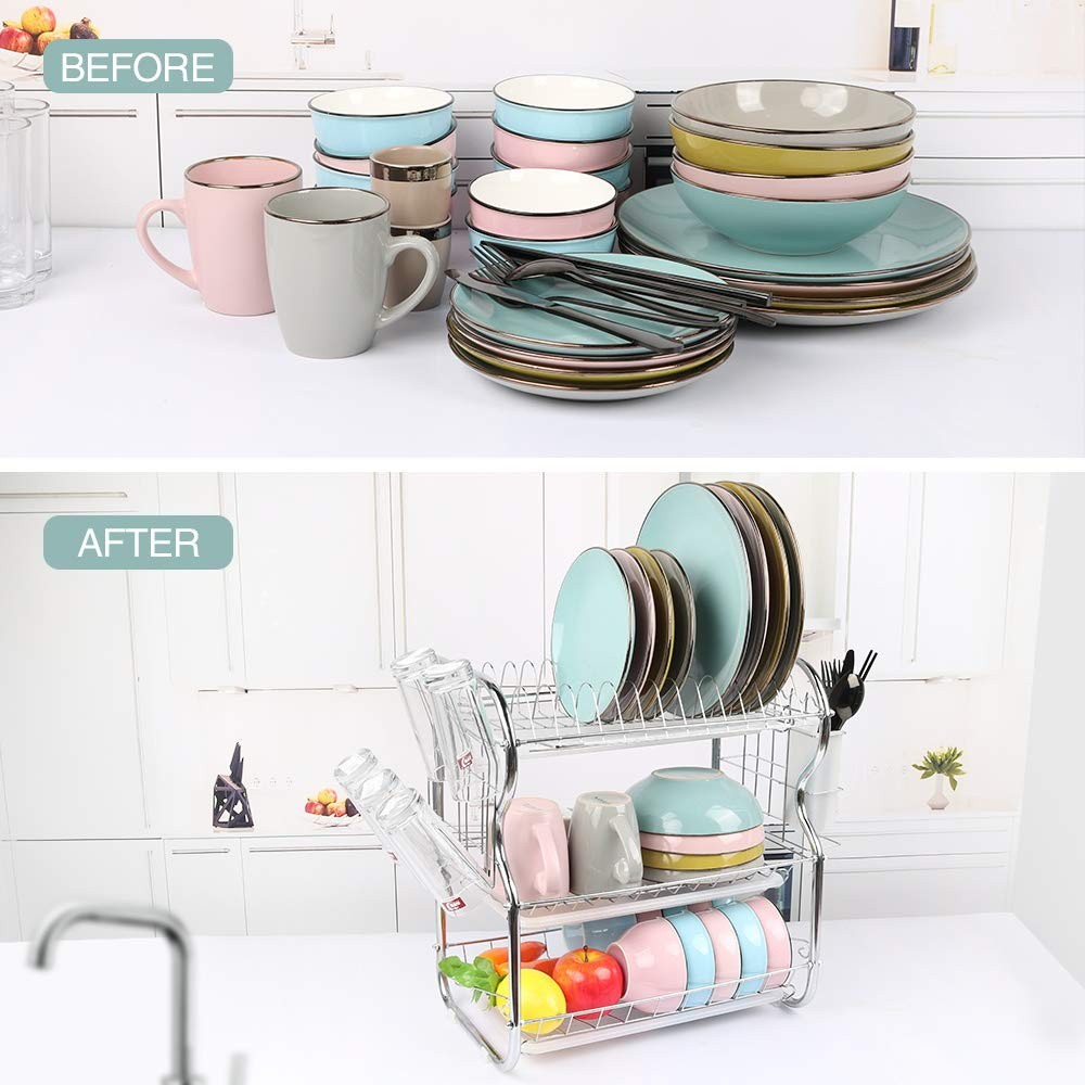 Hot Sales Standing Type Metal 3-Tier Dish Drainer Drying Rack with Removable Utensil Holder