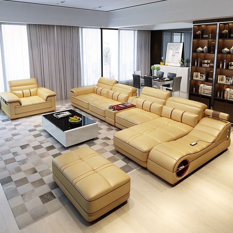 2023 Modern Multi Function Living Room Home Furniture Sectional L Shape Leather Sofa With Massage Function Wooden Sofa Leg