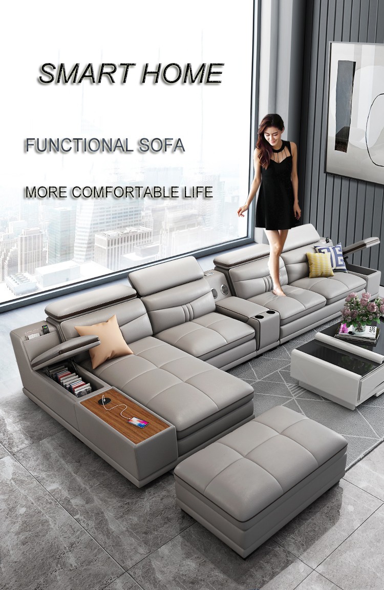 Modern Design Leather L Shape Sofa Set Has Music To Play Leather Sofa Set Usb Charge Leather Sofa For Living Room Furniture