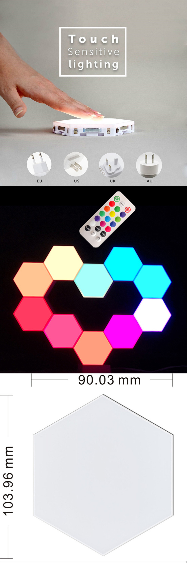 Battery Powered Remote Control DIY Wall Touch Sensor 6 Piece RGB Honeycomb Smart Led Hexagon Night Light