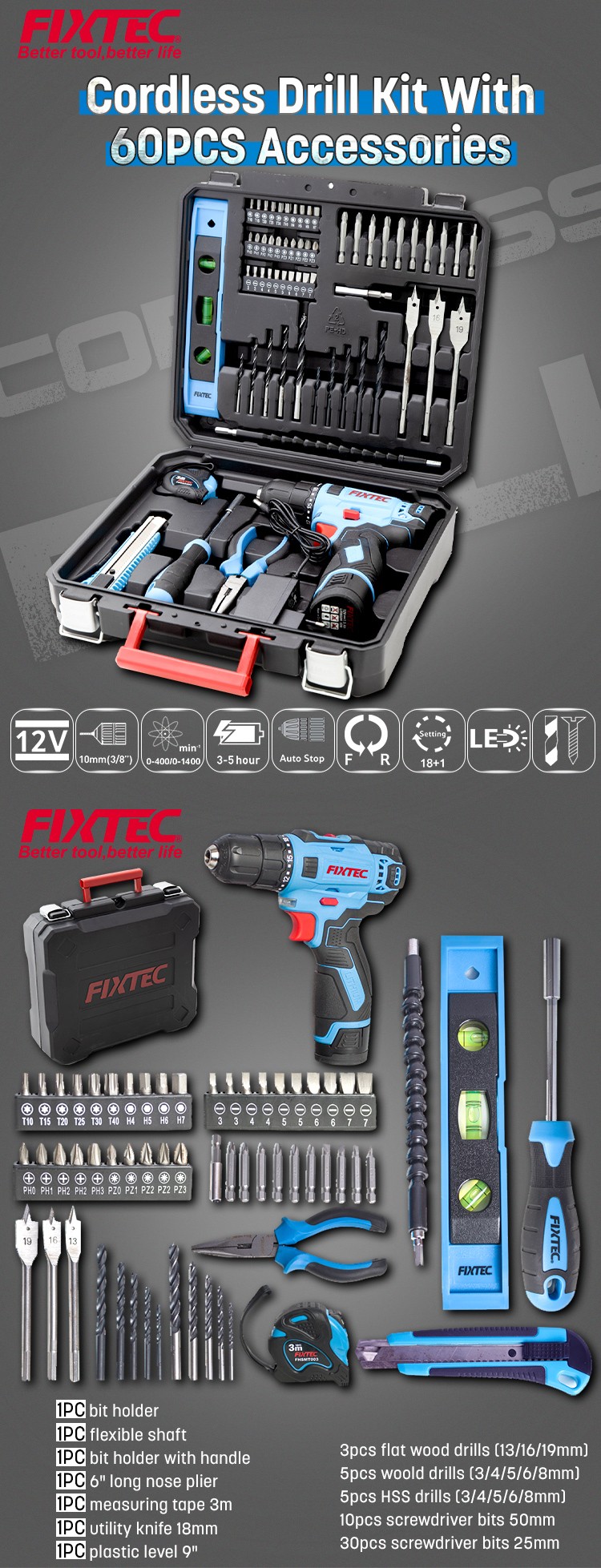 FIXTEC Cordless Drill Wireless Combo Kit 60pcs Accessories Battery Drilling Machine with Case