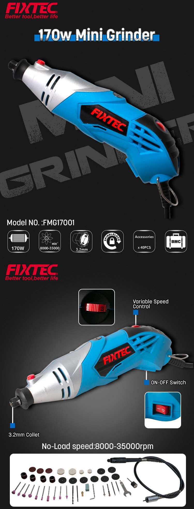 FIXTEC China High Quality 170W Dremel Rotary Tool Accessories Kit Portable Mini Drill Bit Set