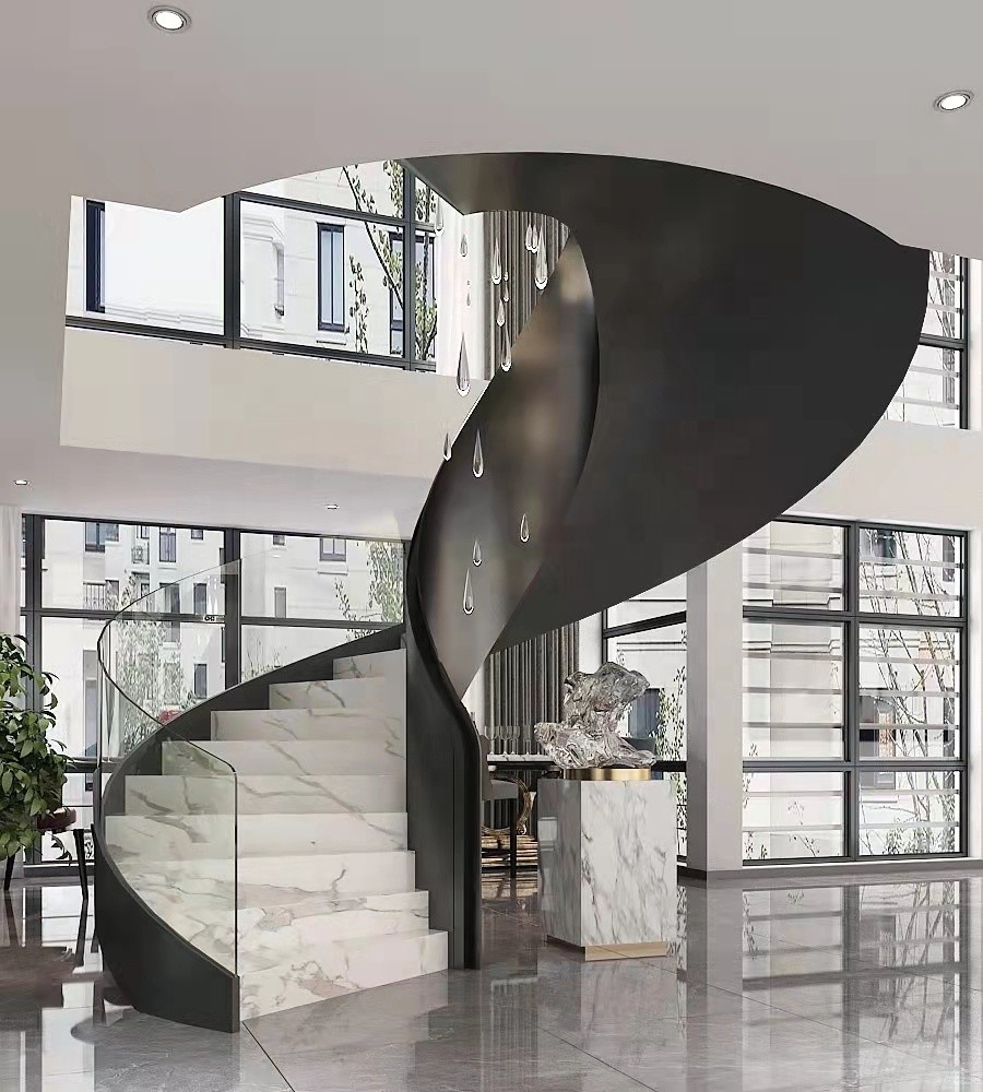 Luxury Style Carved Sprial Staircase With Led Marble Stair Treads Glass Stair Handrail