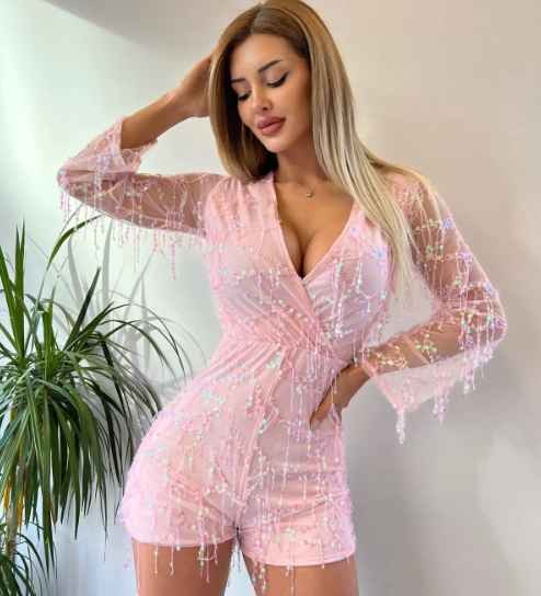 Women's Dresses Pink Color Sequined Long Sleeve Mini Short Jumpsuit Top Quality Made in Turkey