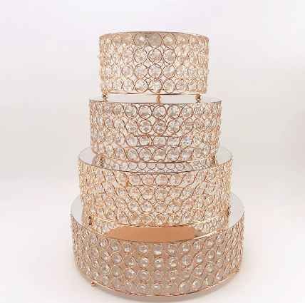New Design Gold Plated Cake Tabletop Metal Cake Stand Set with Crystal Beads for Wedding Decoration