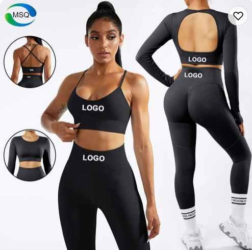 Wholesale Custom Gym Clothing 3 Piece Seamless Yoga Winter Workout Sets Women Active Sets Long Sleeve Crop Top Gym Fitness Sets