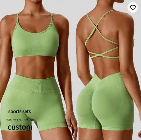 Wholesale Sports Bra Seamless Biker Shorts Workout Suit Women's Activewear Fitness Running Set Custom Logo Gym Yoga 2 PCs Set