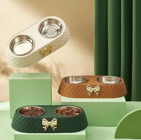Pet Bowls Bow Stainless Steel Safety High-Capacity Belt Pet Double Bowl Dog Pet Feeding Bowl