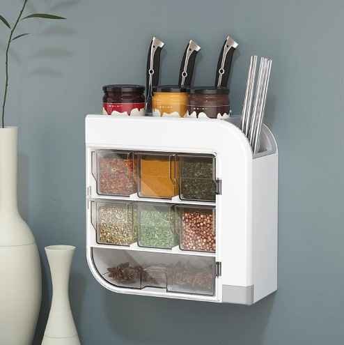 Kitchen Multi-function Spice Box Utensils Cutlery Spice Organizer Holder Wall-Mounted Seasoning Rack