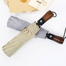 Wholesale High Quality 190T Pongee Full Auto Open Close windproof Rain 3 Folding Umbrella with wood handle