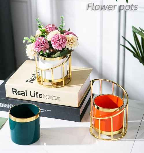 Mini decoration Succulent Cactus Garden Ceramic Flower Pot with metal stand / Bamboo saucer/Wood feet