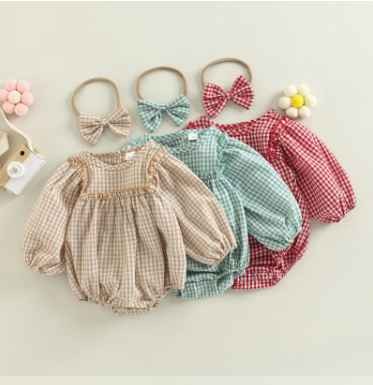 Green Horizon Wholesale Spring Sweet Plaid Printed Long Sleeve Puffed Sleeve Girl Romper + Bow Headband Sets For Babies