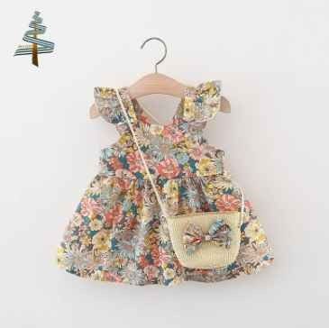 Toddler Girls Beach Dresses Kids Girls Summer Flower Dress with Bag Wholesale Children Fly Sleeve Floral Print Short OEM Support