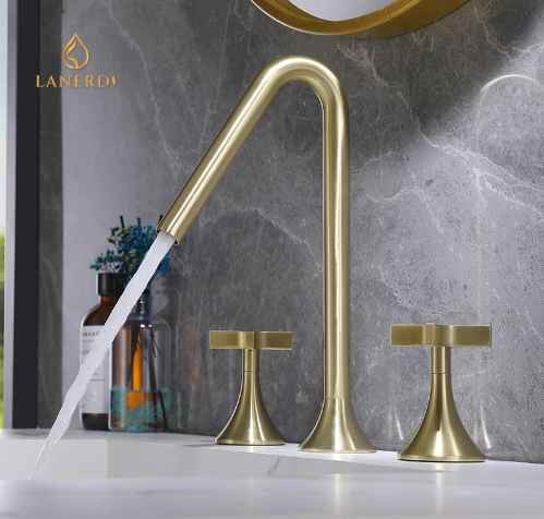 Lanerdi CUPC Faucet Luxury Gold Brass Widespread Bathroom Faucet 8 inches with Cross Handles for Bathroom Sink