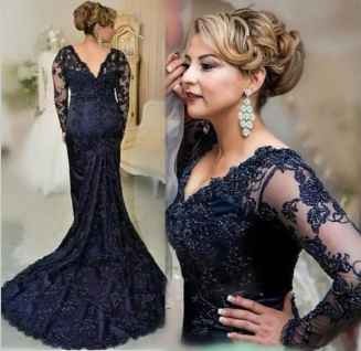 Navy Blue Lace Mother of the Bride Dresses New Elegant V Neck Long Sleeve Mermaid Mother of the Groom Wedding Guest Gowns