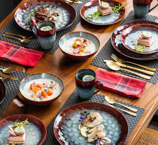 16/32/48-piece Starry Dinner Set,Kiln Change Glaze Tableware Dinner Plate Red Vintage Porcelain Dinnerware Set Vaisselle