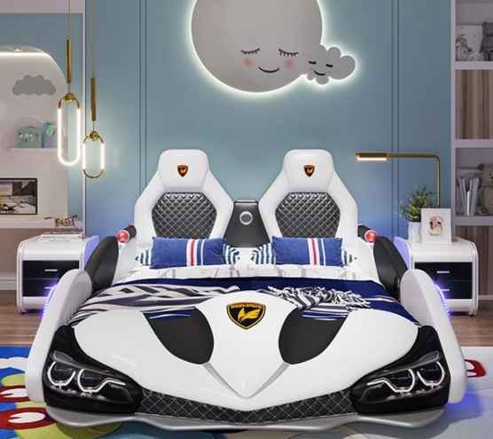 Factory wholesale double creative kids car bed boy cartoon leather single bed with guardrail girl Children racing car bed