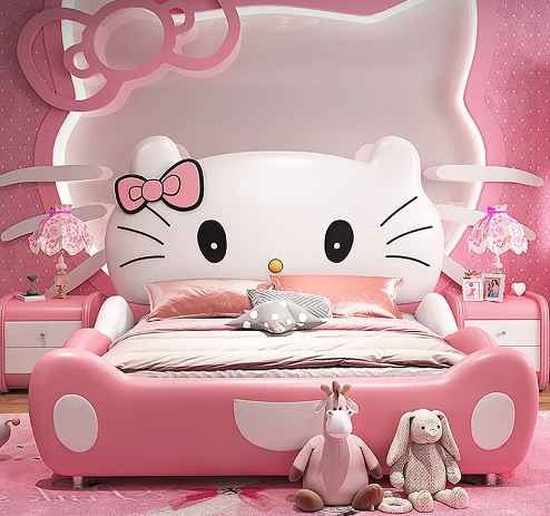 Luxury creative cartoon cat design pink princess bed modern wooden bed for kids furniture bed