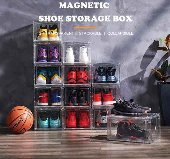 Transparent PET Plastic Stackable Magnetic Shoe Storage Box Drop Front Open Sneaker Organizer Bins Display Organizer Shoe Box