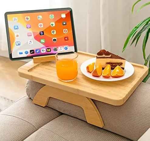 Custom Bamboo Sofa Arm Tray Table Foldable Side Couch Clip on Sofa Tray Table with Rotating Phone Holder for Wide Couches Arm