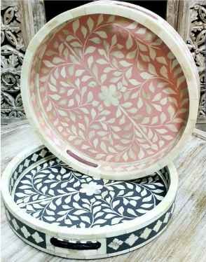 Customized Round Shape Bone Inlay Serving Tray Moroccan Style Bone Inlay Tray Table Decoration Serving Dishes Plates Tray