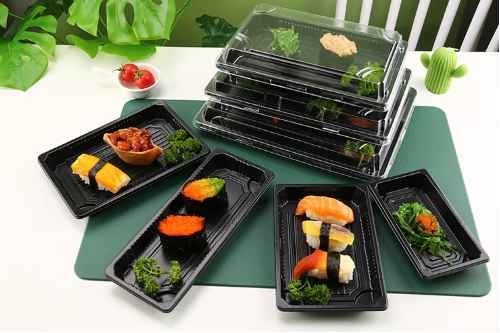 Plastic Take Out Sushi Box Rectangle Disposable Ps Plastic Sushi Tray Japanese Black Sushi Tray With Transparent Lid