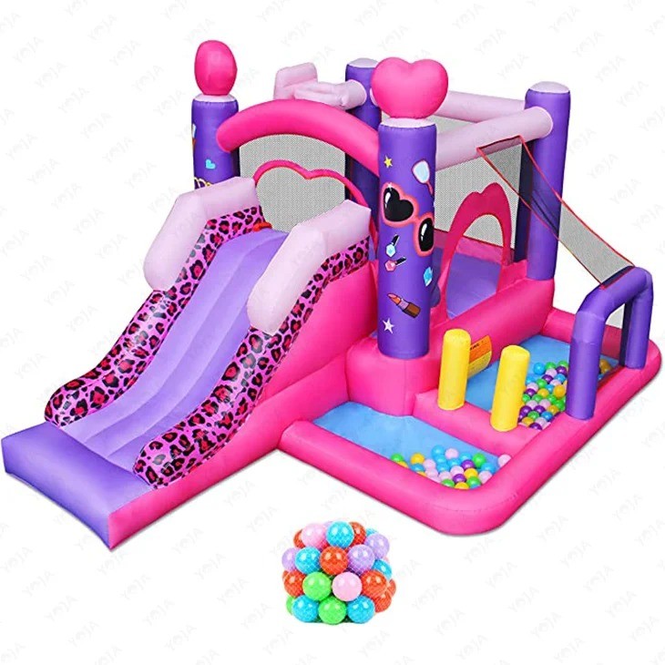 6 in 1 Inflatable Bouncer Jump Slide Princess Bouncy Castle for Girls Party and Kids With Large Ball Pit Pink basketball hoop